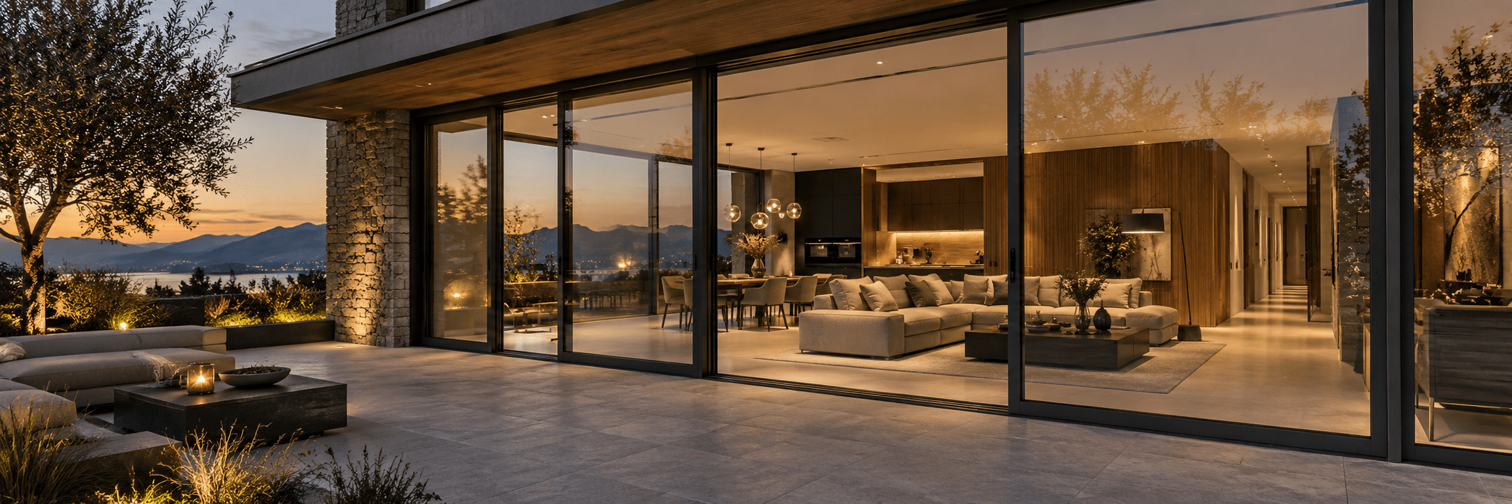 Modernes Haus mit bodentiefen Fenstern und warm beleuchtetem Wohnbereich – Architekturvisualisierung